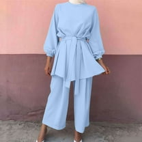 Tbopshirt Women's 2 Piece Outfits Women's Loose Solid Color Casual Set Lace Up Long Sleeve Round Neck Top Pants Set Wide Leg Pants