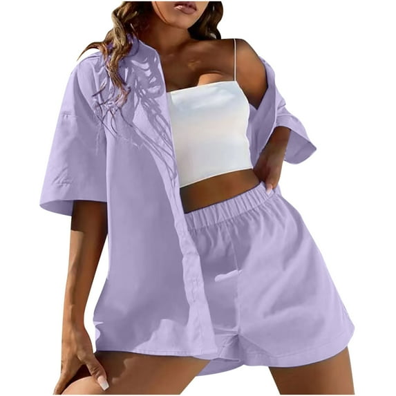 Women's 2 Piece Outfits Clearance Women's Spring And Summer Fashion Slim Button-Up Top Casual Shorts Solid Color Top/Shirt Suit Wide Leg Pants