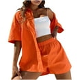 thumbnail image 1 of Women's 2 Piece Outfits Clearance Women's Spring And Summer Fashion Slim Button-Up Top Casual Shorts Solid Color Top/Shirt Suit Wide Leg Pants, 1 of 4