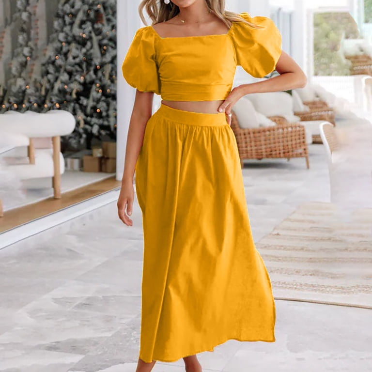 Tbopshirt Women's 2 Piece Outfits Women's Summer Lantern Sleeve Square  Collar Tops Slit Dress Two-piece Set Wide Leg Pants - Walmart.com