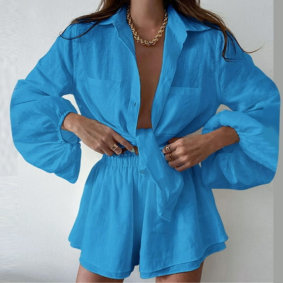 Tbopshirt Women's 2 Piece Outfits Women's Summer New Casual Solid Color V-neck Cotton Linen Shirt Wide Leg Pants