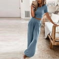 thumbnail image 1 of Women's 2 Piece Outfits Clearance Women's Summer Short Sleeve Crewneck Tops Long Pants Comfortable Homewear Two-piece Set Wide Leg Pants, 1 of 5