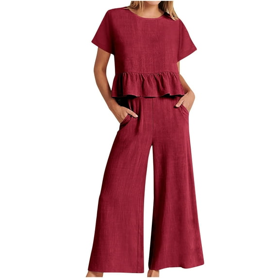 Tbopshirt Women's 2 Piece Outfits Women's Summer Suit Fashion Short Sleeve Solid Color Trousers Casual Two-Piece Suit Wide Leg Pants