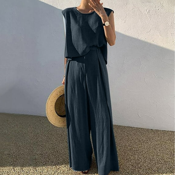 Women's 2 Piece Outfits Clearance Women's Summer Suit Fashion Short Sleeve Solid Color Trousers Casual Two-Piece Suit Wide Leg Pants
