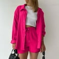 thumbnail image 1 of Women's 2 Piece Outfits Clearance Women's Summer Two Piece Neck Long Sleeve Shirt High Waist Drawstring Large Shorts Casual Set Wide Leg Pants, 1 of 5