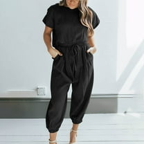 Tbopshirt Women's 2 Piece Outfits Women's Two Piece Solid Cotton Linen Short Sleeve Round Neck Open Back Tops and Pants Set Wide Leg Pants