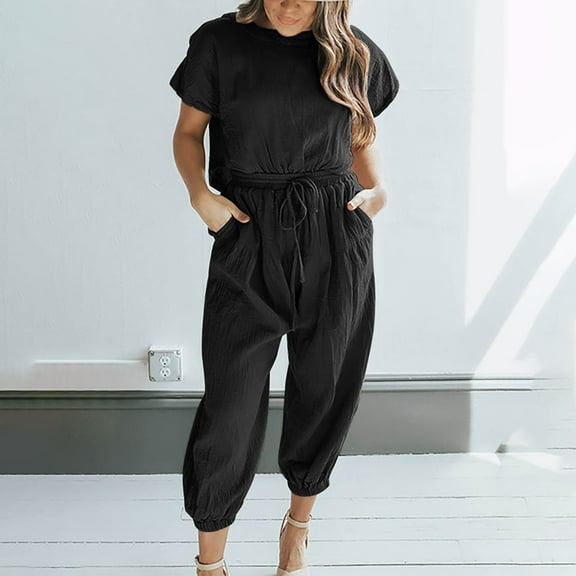 Tbopshirt Women's 2 Piece Outfits Women's Two Piece Solid Cotton Linen Short Sleeve Round Neck Open Back Tops and Pants Set Wide Leg Pants