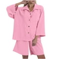 thumbnail image 1 of Women's 2 Piece Outfits Cotton Linen Casual Set Single Row Button Loose Sleeve Lapel Top Pocket Drawstring Shorts Set (2XL, Pink), 1 of 5