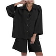 thumbnail image 1 of Women's 2 Piece Outfits Cotton Linen Casual Set Single Row Button Loose Sleeve Lapel Top Pocket Drawstring Shorts Set (XL, Black), 1 of 5
