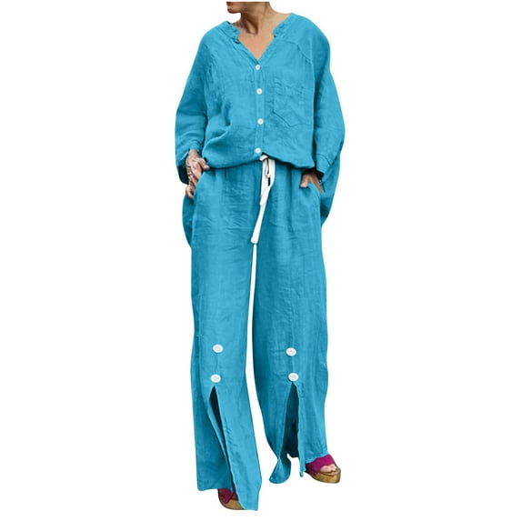 Women's 2-Piece Outfits Cotton Linen Long Sleeve Button Down Shirt Suit with Slit Wide Leg Pants Pocket Collar Casual Loose Set, Blue, M