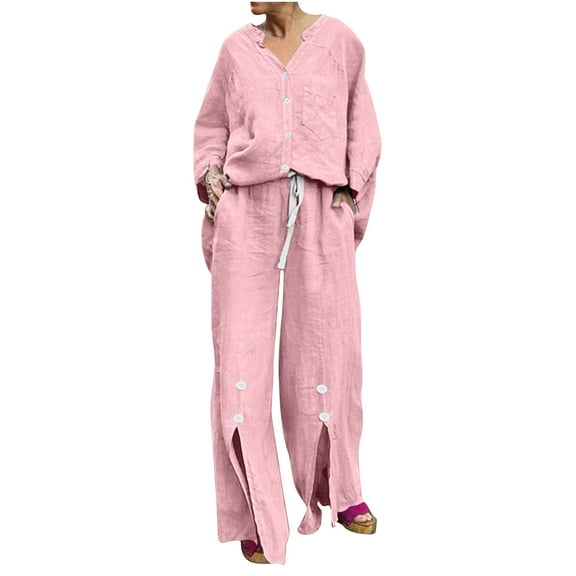 Women's 2-Piece Outfits Cotton Linen Long Sleeve Button Down Shirt Suit with Slit Wide Leg Pants Pocket Collar Casual Loose Set, Pink, XXL