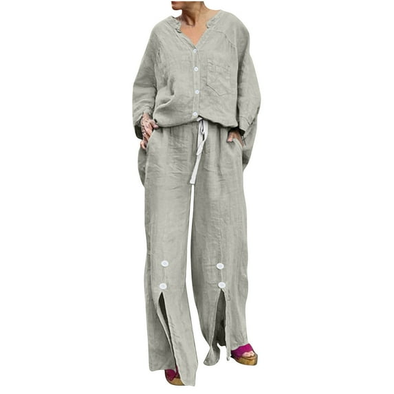 Women's 2 Piece Outfits Cotton Linen Loungewear Button Down Tops Drawstring Wide Pants Set with Pockets Long Sleeve Solid Color Casual Tracksuit (Gray S)