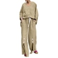 thumbnail image 1 of Women's 2 Piece Outfits Cotton Linen Loungewear Button Down Tops Drawstring Wide Pants Set with Pockets Long Sleeve Solid Color Casual Tracksuit (Khaki XL), 1 of 6