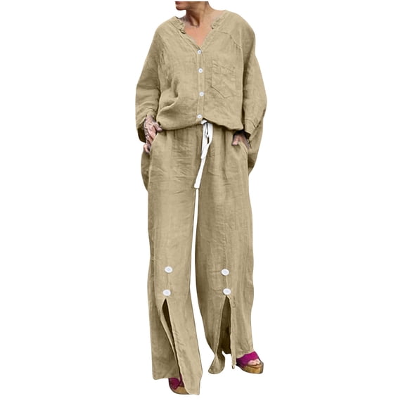 Women's 2 Piece Outfits Cotton Linen Loungewear Button Down Tops Drawstring Wide Pants Set with Pockets Long Sleeve Solid Color Casual Tracksuit (Khaki XL)