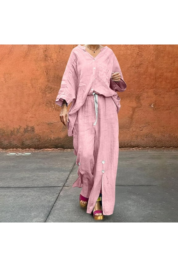 Women's 2 Piece Outfits Cotton Linen Loungewear Button Down Tops Drawstring Wide Pants Set with Pockets Long Sleeve Solid Color Casual Tracksuit (Pink S)