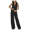 thumbnail image 1 of Women's 2 Piece Outfits Cotton Linen Stes Button Front Waistcoat Sleeveless V Neck Vest Jacket and Wide Leg Suit Pants Sets, 1 of 5