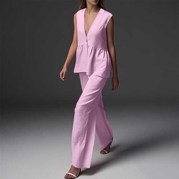 Women's 2 Piece Outfits Cotton Linen V Neck Sleeveless Peplum Waistcoat with High Waist Wide Leg Pants Summer Lightweight Flowy Sets for Beach Travel Business Casual XXL