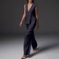 thumbnail image 1 of Women's 2 Piece Outfits Cotton Linen V Neck Sleeveless Peplum Waistcoat with High Waist Wide Leg Pants Summer Lightweight Flowy Sets for Beach Travel Business Casual Gray XL, 1 of 9