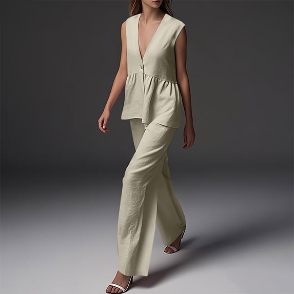 Women's 2 Piece Outfits Cotton Linen V Neck Sleeveless Peplum Waistcoat with High Waist Wide Leg Pants Summer Lightweight Flowy Sets for Beach Travel Business Casual Khaki S