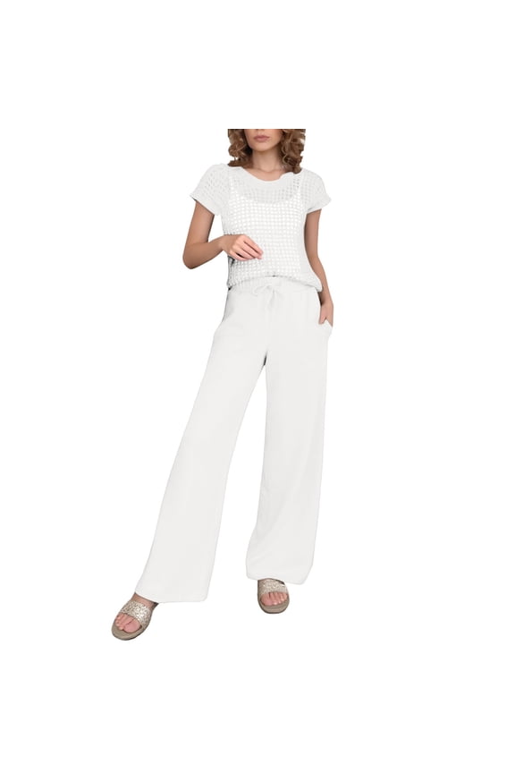 Women's 2 Piece Outfits - Crochet Sheer Knit Sweater Top & Wide Leg Pants Set, Hollow-Carved Design, All Season Wear - S/XXL Sizes