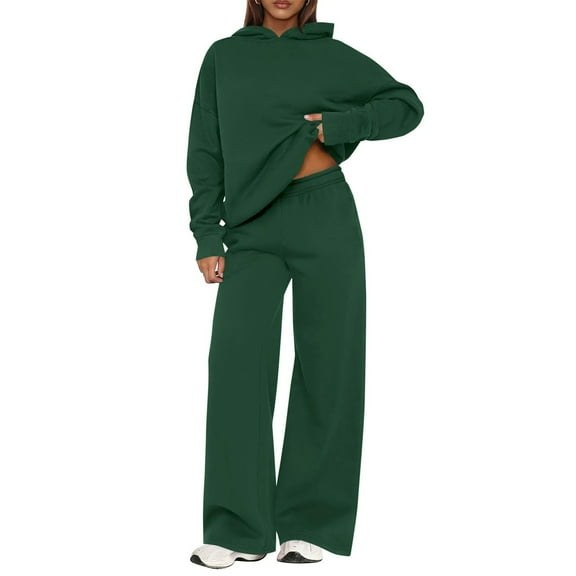 Women's 2 Piece Outfits Fall Trendy Lounge Sets Long Sleeve Casual Fleece Hoodies Lightweight Loose Sweatsuit Wide Leg Sweatpants Solid Color Loungewear