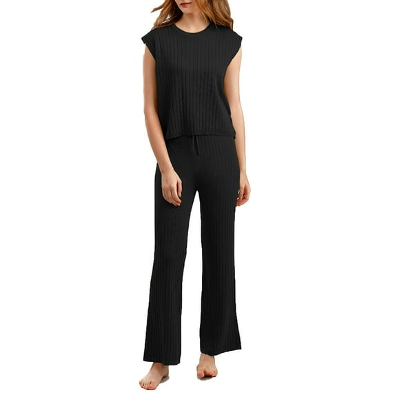Women's 2 Piece Outfits Fall Trendy Sleeveless Shirt Loose Pants Solid Color Lounge Sets Business Casual (M, Black)