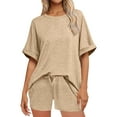 thumbnail image 1 of Women's 2 Piece Outfits Fashion 2025 Summer Cuffed Short Sleeve Shirt with Shorts Solid Comfy Matching Tracksuits, 1 of 7