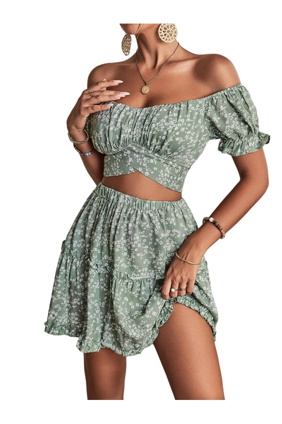 Women's 2 Piece Outfits Floral Off Shoulder Tie Up Crop Top & Ruffle Trim Mini Skater Skirt Set Puff Short Sleeve Elastic Waist Summer Casual Sexy Outfit for Beach Vacation Party and Dating
