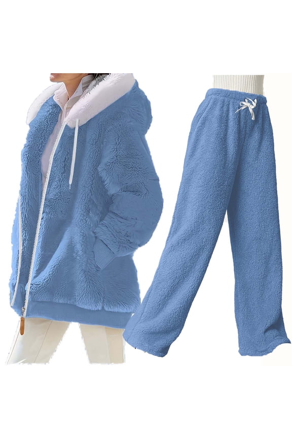 Women's 2 Piece Outfits Fuzzy Fleece Lounge Set Long Sleeve Zip-Up Hoodie Jackets Pants Fall Winter Clothes, L