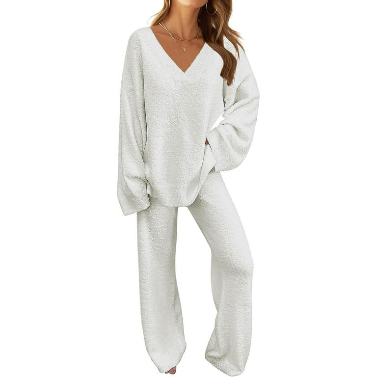 Women's 2 Piece Outfits Fuzzy Fleece Pajama Set Long Sleeve Top Wide Leg  Pants Loungewear