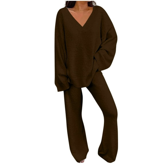 Women's 2 Piece Outfits Fuzzy Fleece Pajama Set Long Sleeve Top Wide Leg Pants Loungewear