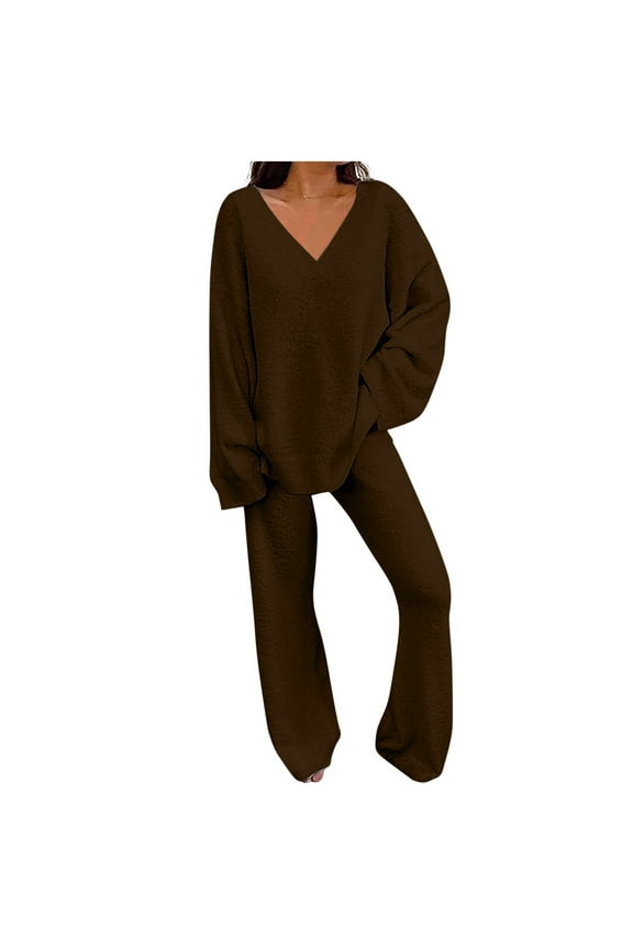 Women's 2 Piece Outfits Fuzzy Fleece Pajama Set Long Sleeve Top Wide Leg Pants Loungewear