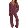 thumbnail image 1 of Women's 2 Piece Outfits Fuzzy Fleece Pajama Set Long Sleeve Top Wide Leg Pants Loungewear, 1 of 19