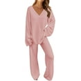 thumbnail image 1 of Women's 2 Piece Outfits Fuzzy Fleece Pajama Set Long Sleeve Top Wide Leg Pants Loungewear, 1 of 8