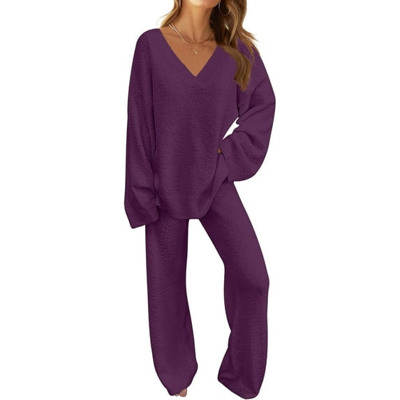 Women's 2 Piece Outfits Fuzzy Fleece Pajama Set Long Sleeve Top Wide Leg Pants Loungewear