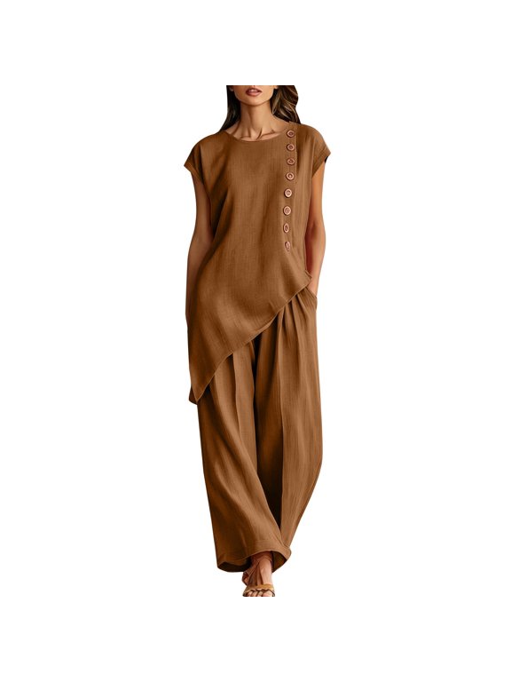 Women's 2 Piece Outfits Gauze Two Piece Pant Set Sleeveless Gauze Top Wide Leg Pants Set Summer Casual Capri Pant Sets Capri Length Two Piece Pants Set Spring Casual 2 Piece Set Brown M