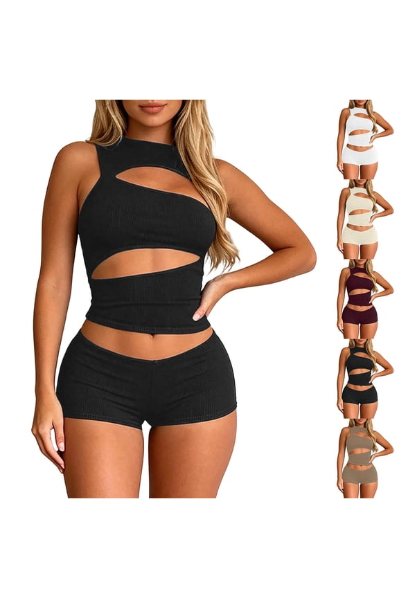 Women’s 2 Piece Outfits Going Out Sleeveless Micro Mini Matching Set Crew Neck Cut out Crop Top Bodycon Shorts Set