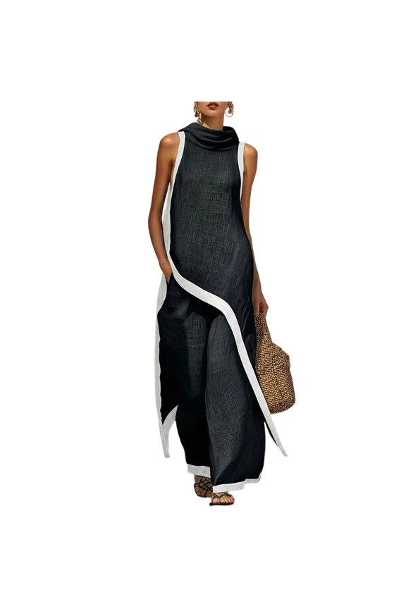 Women's 2 Piece Outfits Hooded Sleeveless Tunic Top And Wide Leg Pants Set Color Block Trim Linen Blend Irregular Hem Sets With Pockets For Summer Vacation Daily Wear S Black