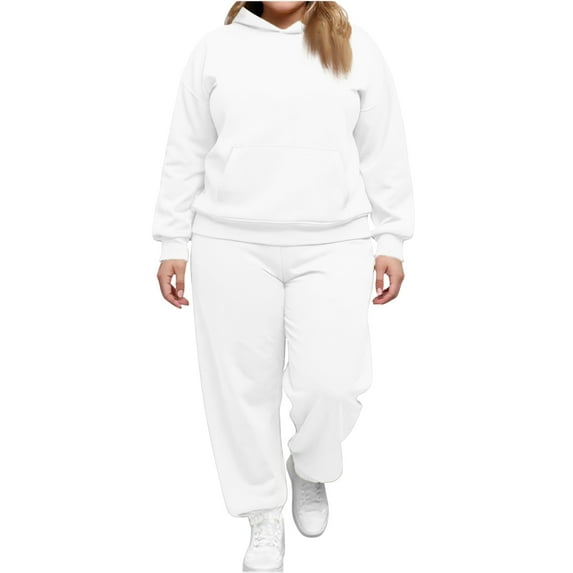 Women's 2 Piece Outfits Hoodie Sweatsuit Sets Over Sized Sweatshirt Baggy Fall Fashion Sweatpants with Pockets, Casual Comfortable Lounge Wear,White,M