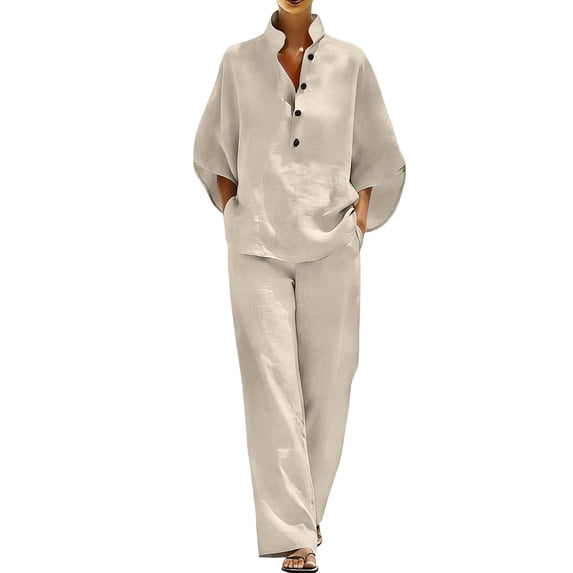Women's 2 Piece Outfits Linen Pants Dressy Casual Sets Batwing Sleeve Shirt and Wide Leg Pants Suits