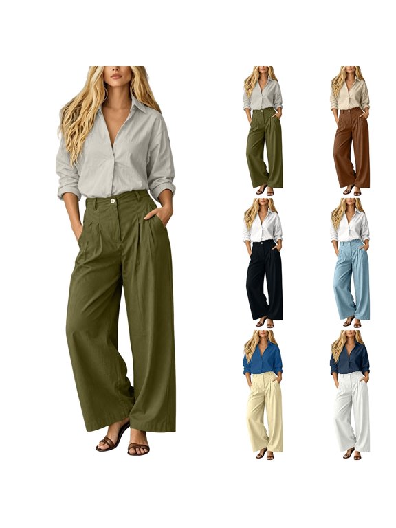 Women's 2 Piece Outfits ,Long Sleeve Button Down Shirt and High Waist Pleated Wide Leg Pants Set, Solid Color Casual Matching Set