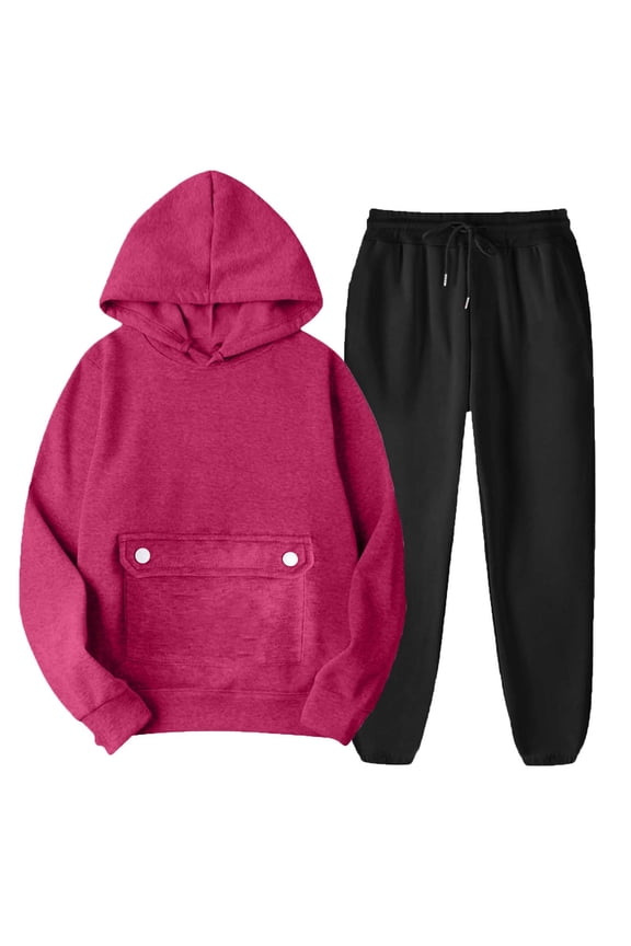 Women's 2 Piece Outfits Long Sleeve Hoodie Long Joggers Oversized Sweatsuits Fall Tracksuits with Flap Pockets Hot Pink M