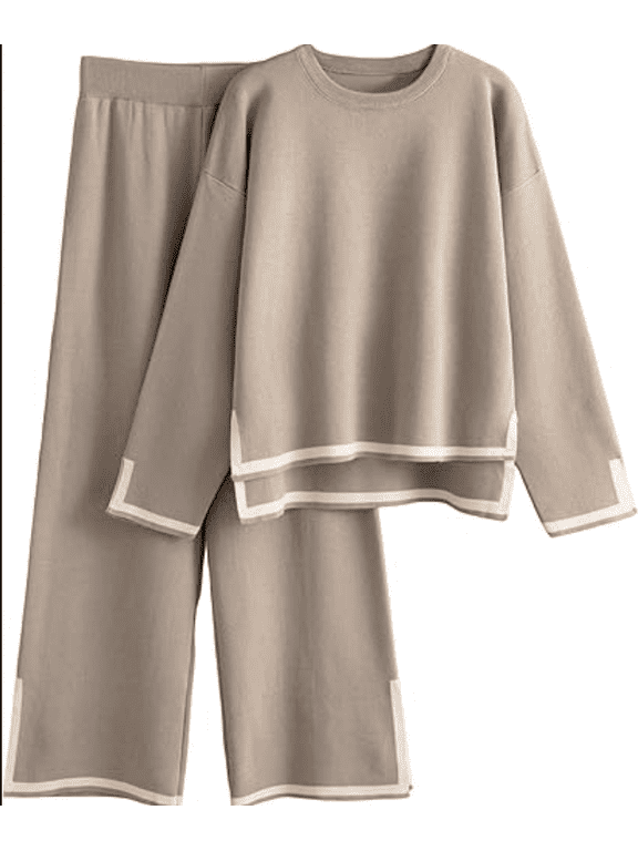 Women's 2 Piece Outfits Long Sleeve Knit Sweater Set Top Lounge Wide Leg Pants Sets Tracksuits Spring and Autumn
