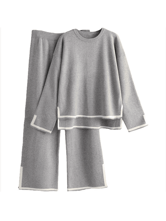 Women's 2 Piece Outfits Long Sleeve Knit Sweater Set Top Lounge Wide Leg Pants Sets Tracksuits Spring and Autumn