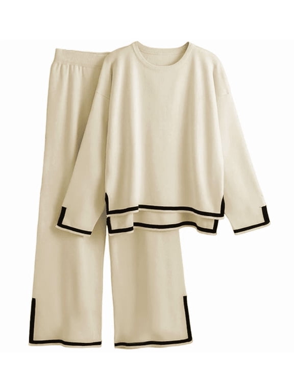 Women's 2 Piece Outfits Long Sleeve Knit Sweater Set Top Lounge Wide Leg Pants Sets Tracksuits Spring and Autumn