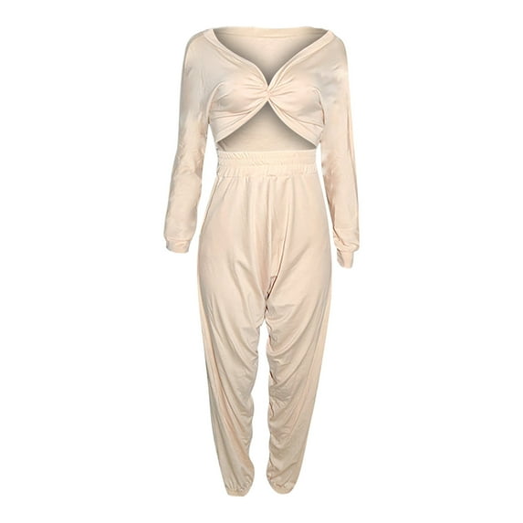 Women's 2 Piece Outfits Long Sleeve Knot Twisted V Neck Crop Tops Wide Leg Long Harem Pants Fashion Sets Clubwear