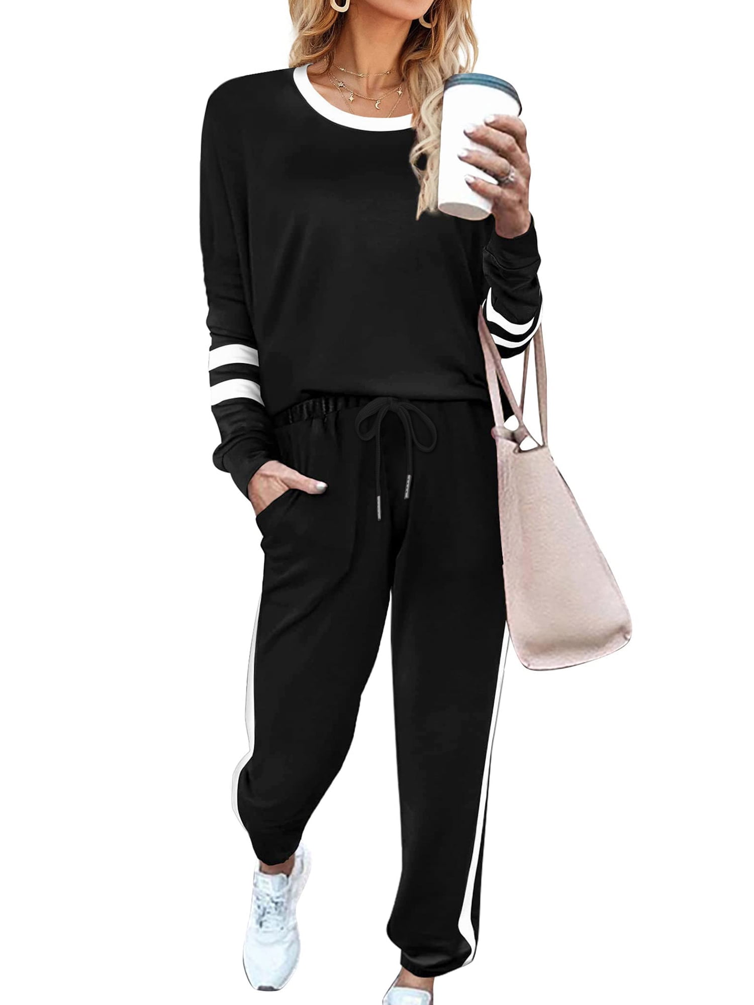Women's 2 Piece Outfits Long Sleeve Pullover Sweatshirt with Drawstring ...