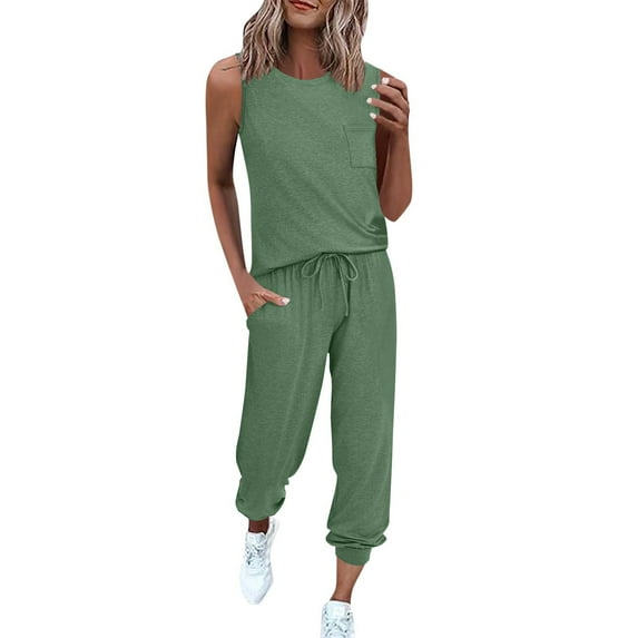 Women's 2 Piece Outfits Lounge Jogger Sets Sleeveless Top And Sweat Suit Set Sweatpants Tracksuit Olive Green