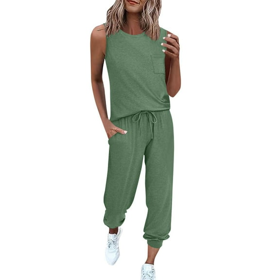 ZQUUVOU Women's 2 Piece Outfits Lounge Jogger Sets Sleeveless Top And Sweat Suit Set Sweatpants Tracksuit Olive Green