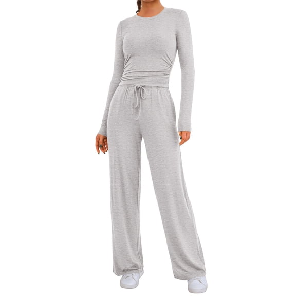 Women's 2 Piece Outfits Lounge Sets 2026 Fall Long Sleeve Tops Wide Leg Pants Casual Matching Set Gray S